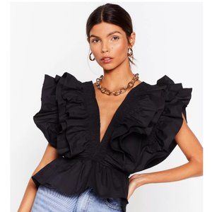 New, with tags: Nasty Gal Black Plunging V Neck Ruffle Detail Cropped Blouse
